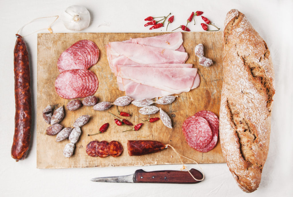 sausage on wooden board