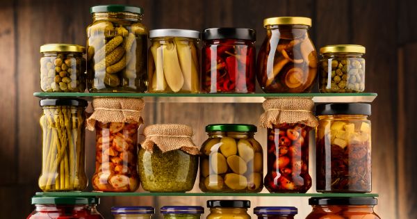 Assorted pickled food in jars